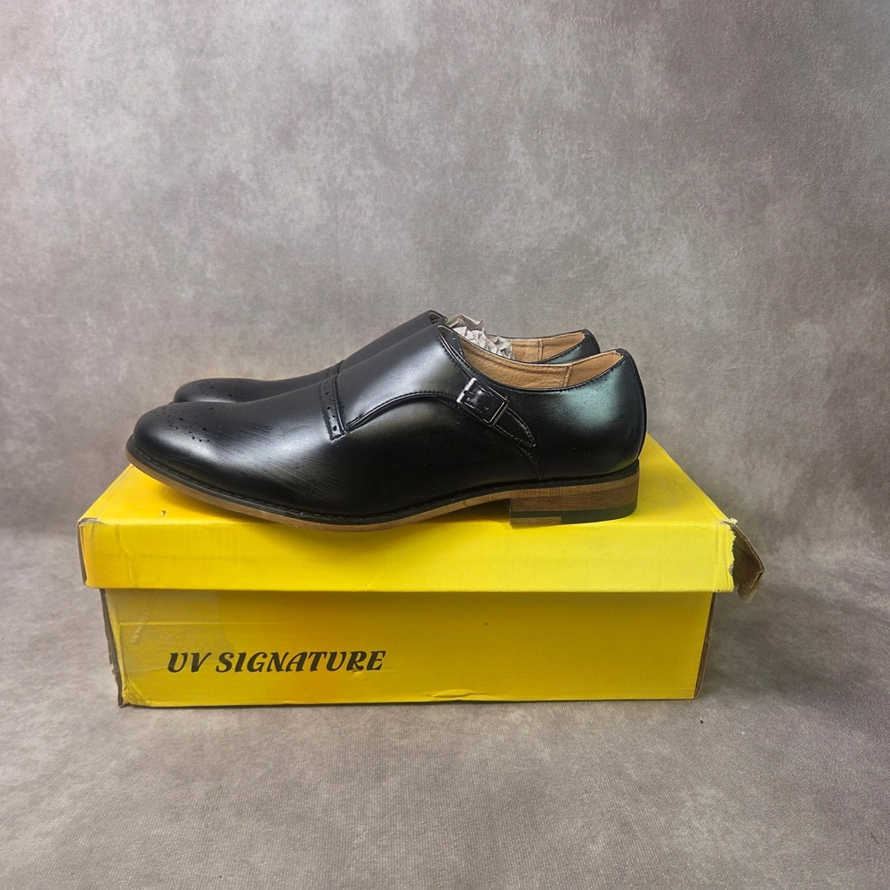 UV Signature Mens Blk Monk Strap Dress Shoes Brogue Toe Loafers S1302B Size 7.5